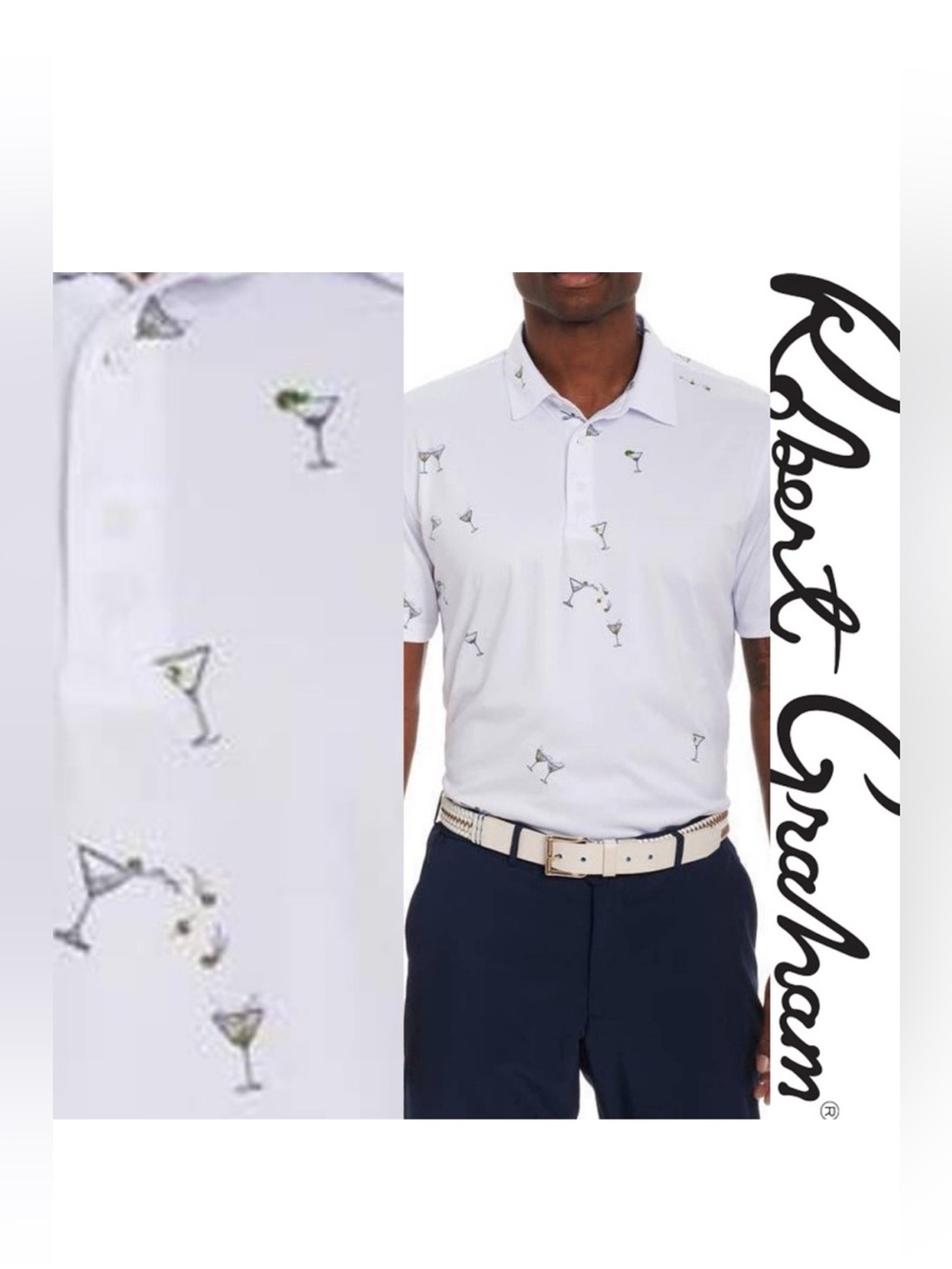 Robert Graham Gibson Martini-Print Short-Sleeve Knit Polo - White Size 2XL